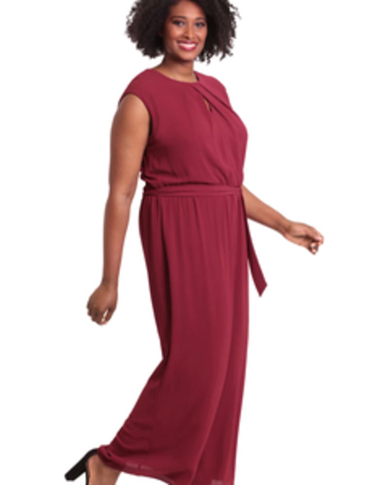 Front of a model wearing a size 14W Zelda Pleat Neck Jumpsuit in Wine by London Times. | dia_product_style_image_id:254954